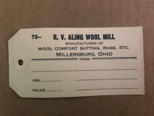 Vintage R.V. ALING WOOL MILL Store Tag Millersburg Oh Comfort Batting Rugs