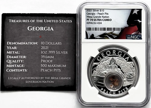 2021 Proof Silver Georgia- Peach Pits Mesa Grande Nation NGC PF70 With COA