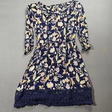Falls Creek Floral Dress Navy Blue 3/4 Sleeve Lace Trim Boho Cottagecore S
