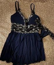 Women’s NWOT Sexy Navy Blue Metallic Silver Baby Doll Nightie With Panties