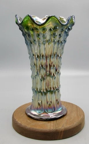 VTG Fenton April Showers Green Carnival Glass Vase 8 Inch Tall 4 Inch Wide @ Top