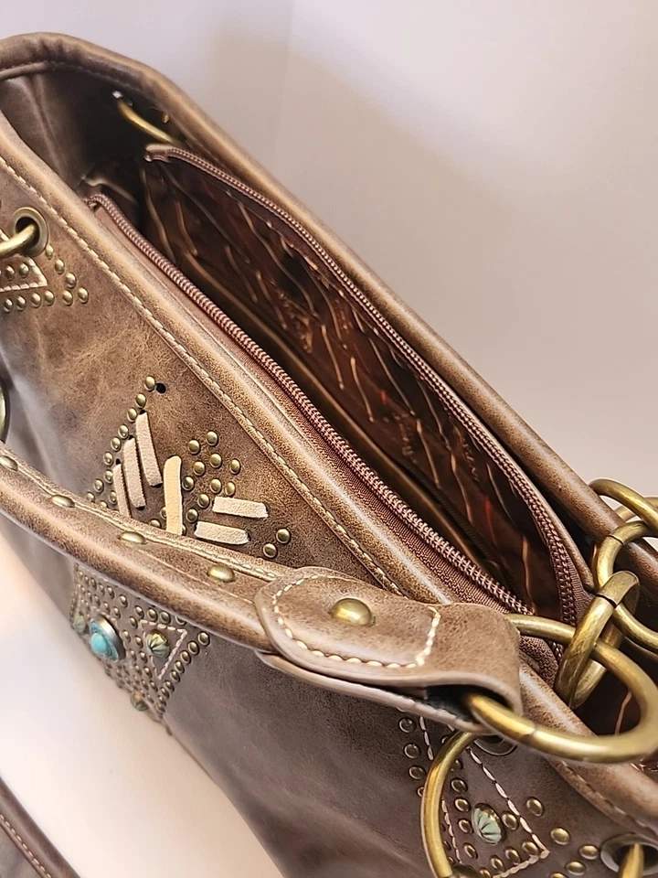 Montana West Purse Handbag  Metal Studded Brown Double Handle Heavy - Image 4 of 4