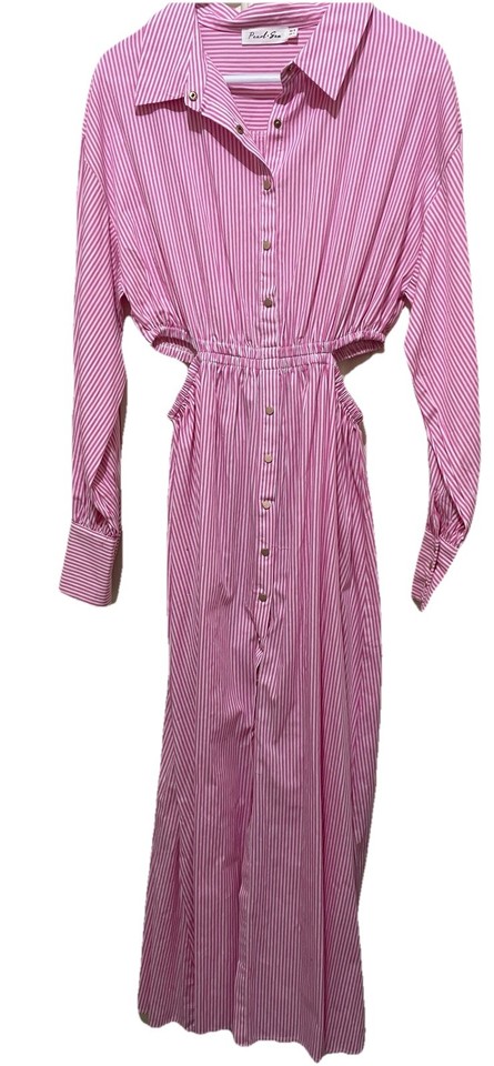 Pearl & Sea  Pink Striped Maxi Shirt Dress With Side Cut Outs Size 8