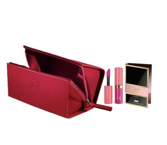 Carolina Herrera 3pc: Lip Plumper, Good girl Blush Elixir sample, cosmetic pouch