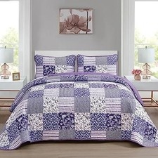 Purple Quilt Set Queen Size,3 Pieces Boho Floral Plaid Bedspread Coverlet Set