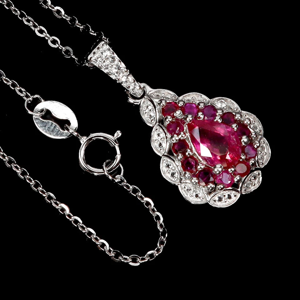 Collar de plata de ley 925 pera rubí 7x5 mm piedras preciosas naturales joyería 18 pulgadas Foto 2 de 4