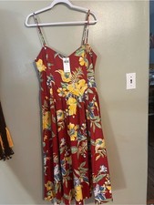 Polo Ralph Lauren Red Tropical Floral Spaghetti-Strap Midi Poplin Dress 6 NWT