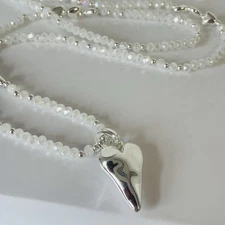 Silver Heart Pendant Long White Beaded Necklace Women’s Hearts Love Jewellery