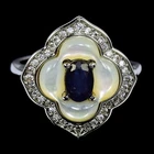 GENUINE BLUE SAPPHIRE, MOTHER OF PEARL & WHITE CZ STERLING 925 SILVER RING 7-8