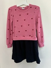 Gap Kid Girl Heart Print Lined Skirt Rayon Long Sleeve Sweater Dress Pink Navy M