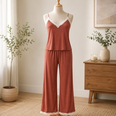 Unbranded Pajama Set Womens XL Rust Brown Ribbed Lace Trim Cami and Pants 2pc