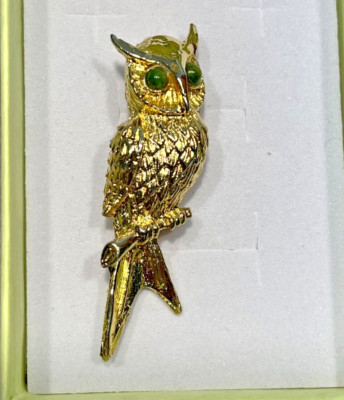 Vintage Sterling Silver .925 A.C. Vermeil Gold Owl Green Jade Eyes Brooch Pin 1/