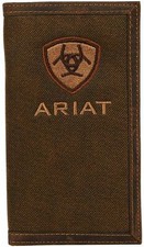 Ariat Mens Embroidered Logo Oilskin Leather Cotton Rodeo Checkbook Wallet, Brown