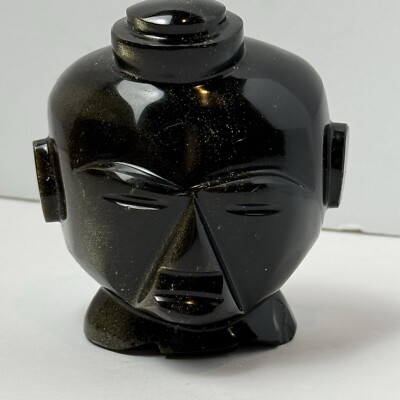 Carved Polished Stone Obsidian Gold Sheen Tribal Mask Paperweight Chipped Photos
