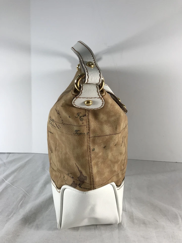 Bolso de Hombro Hobo ALVIERO MARTINI Mapa del Mundo Lona Blanco y Tostado Hecho en Italia Foto 3 de 4