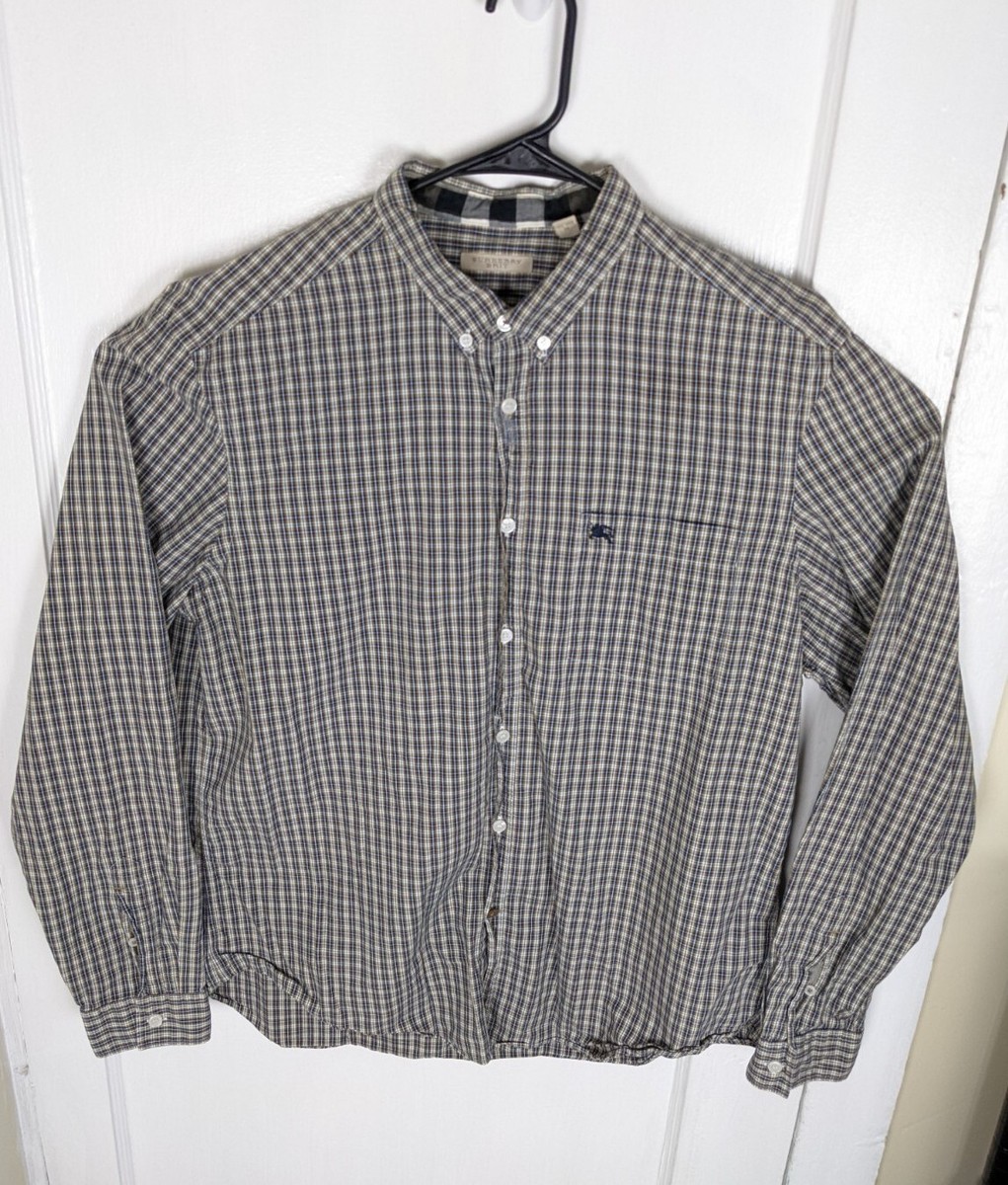 Burberry Brit Gold Navy Plaid Button Shirt XL Pocket Logo