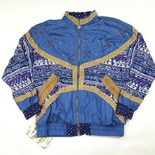 Vtg 80s Beaded Purple Blue Aztec Women's Size M Zip Up Retro Windbreaker Jacket