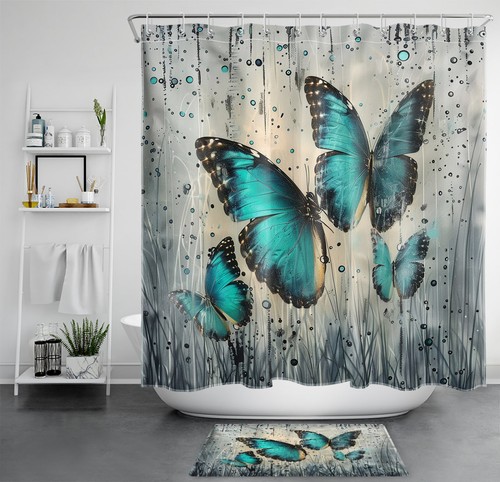 Nature Teal Leaf and Vintage Butterfly Shower Curtain Bathroom Accessories Set - Picture 19 of 22