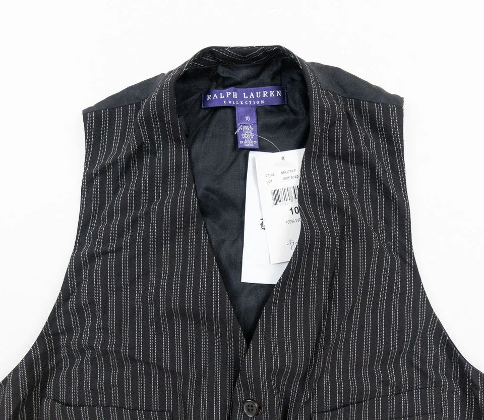 Chaleco Ralph Lauren Etiqueta Púrpura Mujer 10 Negro Rayas Sin Mangas Lana Virgen Foto 2 de 4