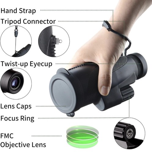 Binoculares, Monocular Portátil 12x50 Telescopio de Enfoque Manual Lentes de Vidrio Prisma - Imagen 2 de 5