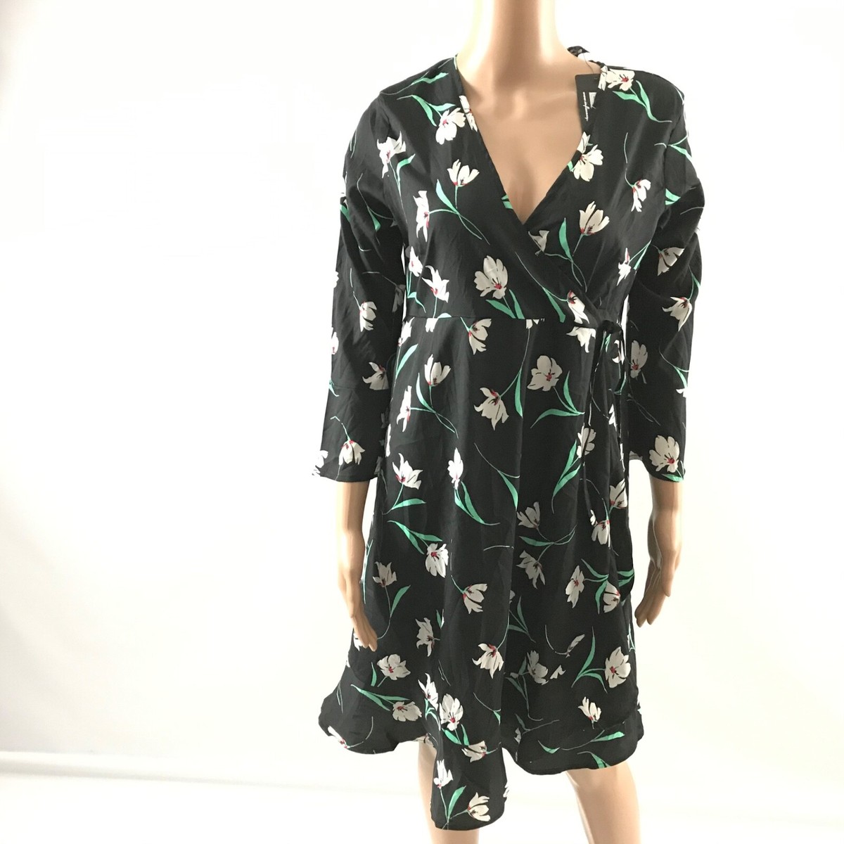 Influence Women Floral Shift Dress Black Green Size US 8 UK 12 V-neck 3/4  Sleeve | eBay