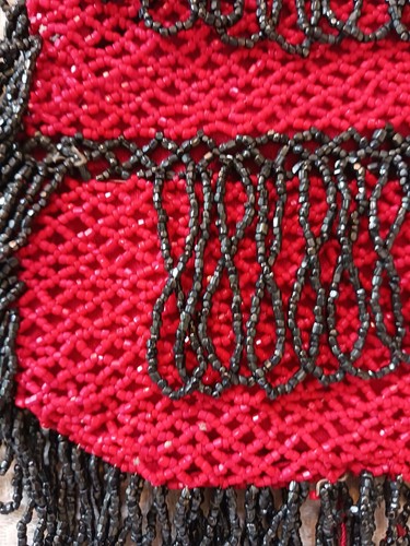 Vintage Small Red Bead Mesh Handbag Purse w Silver Frame Gray Fringe Trim Flaw - Picture 9 of 14