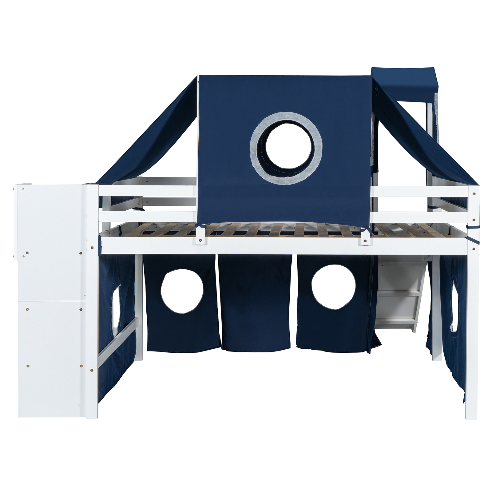 Full Size Loft Bed Frame with Tent Slide and Staircase For Kids Boys Blue