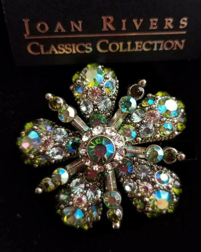 Broche prendedor Joan Rivers grande verde y cristal claro estrella flor en caja 