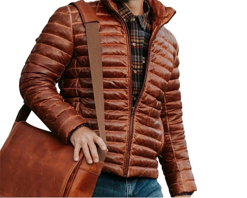 Men's Genuine Lambskin Distressed Leather Puffer Down Padded Quilted Jacket Coat