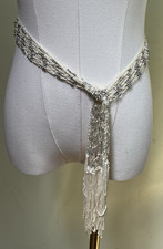 Ivory Crocheted Macrame Tatted String Beaded Fringe Skinny Belt Multifunctional