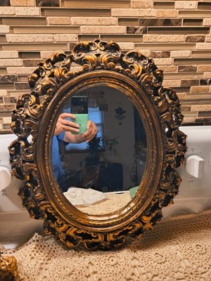 Vtg General Art Co,St Louis Cerama Stone Mirror Oval Ornate Gold 1960s