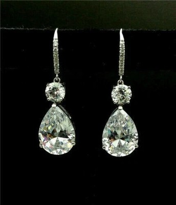 Real Moissanite 4Ct Pear Cut Drop & Dangle Earrings 14K White Gold Plated