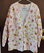 Large Pink And Yellow Floral Button Up Scrubs Coat. Nurse. Doctor. Health Aide.