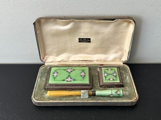 Antique R&P RIPLEY & GOWAN Sterling & Enamel Lighter 3 Piece Smoking Set