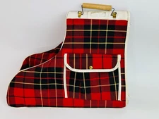 Vintage Red Plaid Ice Skate Zipper Storage Bag Wood Handle