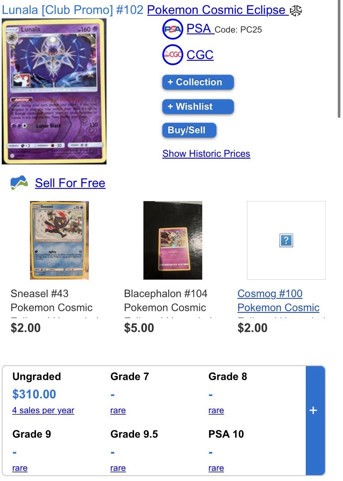 Pokémon Lunala Club Promo Holo Cosmic Eclipse Rare #102/236 Card