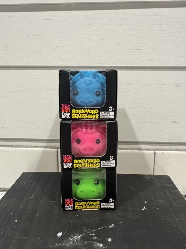 Nee Doh Barnyard Squishers Fuzz Ball Squeeze Toy 3-Pack Green Blue Pink 3+