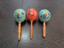 Vintage Lot 3 Of Hand Painted Maracas From Mexico Orange/Blue 1970s