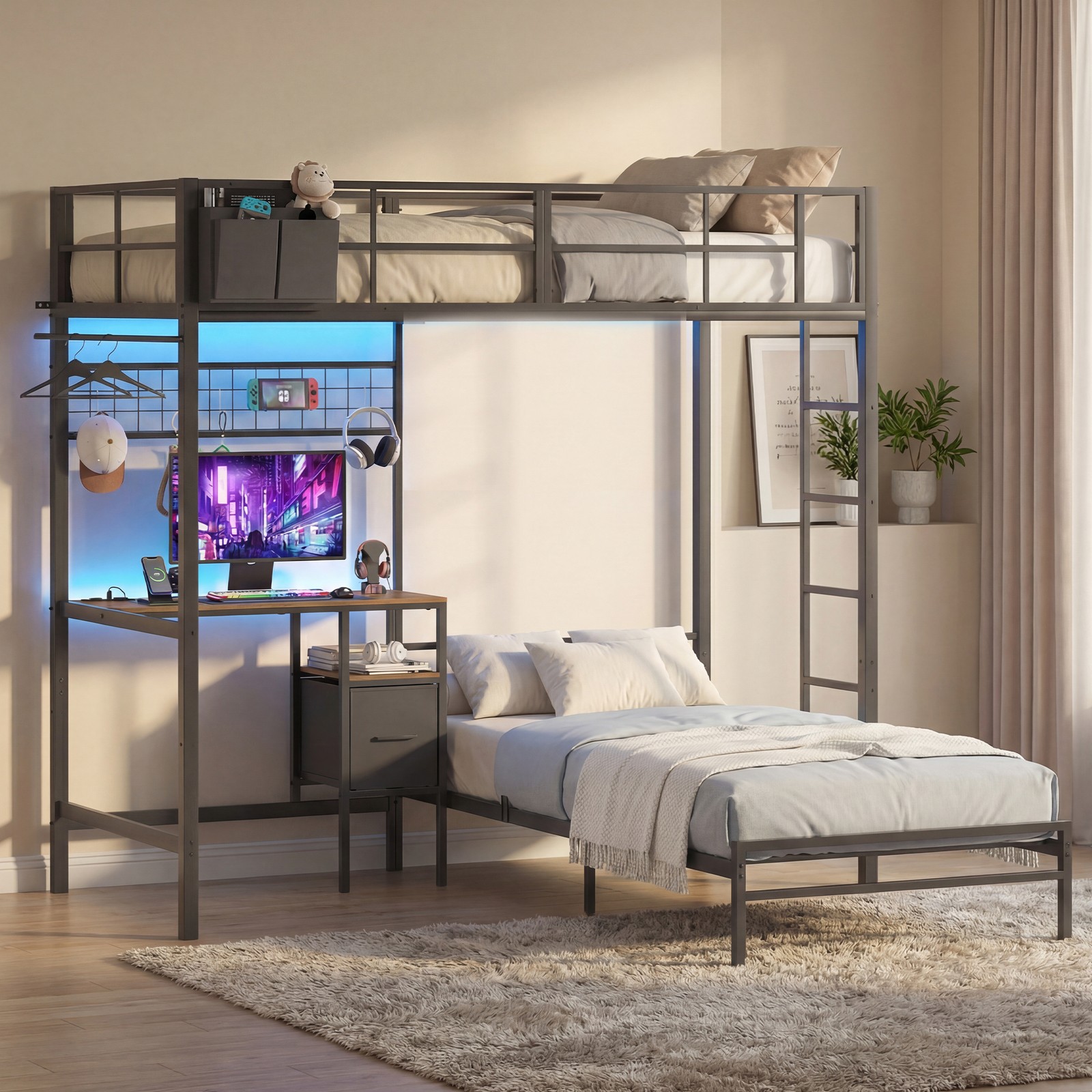 Ufurniture L-Shaped Bunk Bed with Desk & Charging Station LED Single Bed Black