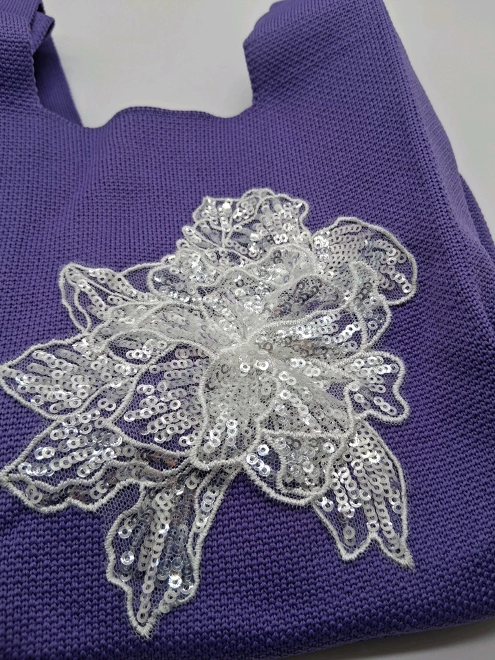 NWOT Purple Small Knitted Wrist Bag OOAK Tote Easily Stretches Width Bible Bag - Image 4 of 4