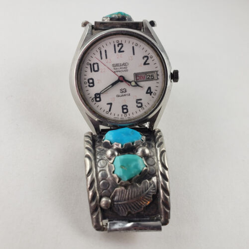 Sterling Turquoise Watch Tips Southwest Design with Watch Seiko 18mm [7829] - Picture 1 of 11