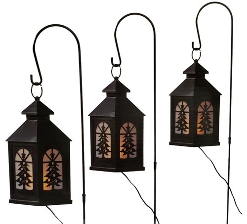 New 3 GE Staybright Flickering Pathway Lanterns with Shepards Hooks Fast Ship