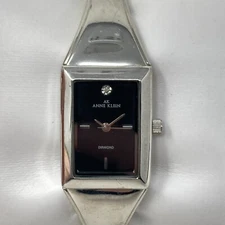 Anne Klein Diamond Tank Watch Women Silver Tone 20mm Black Dial New Batter 6.25"