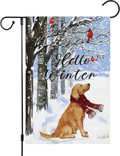 Hello Winter Garden Flag 12X18 Double Sided, Burlap Farmhouse Small Golden Retri