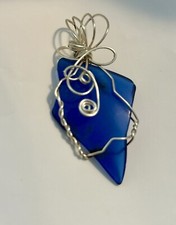 Sea Glass Pendant Jewelry Blue Triangular Shaped Wire Wrapped