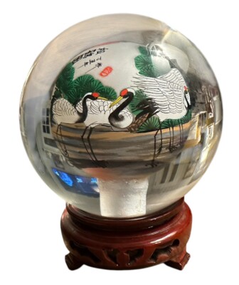 Interior Painted Glass Sphere Depicting Beautiful Scenes With Cranes Vintage