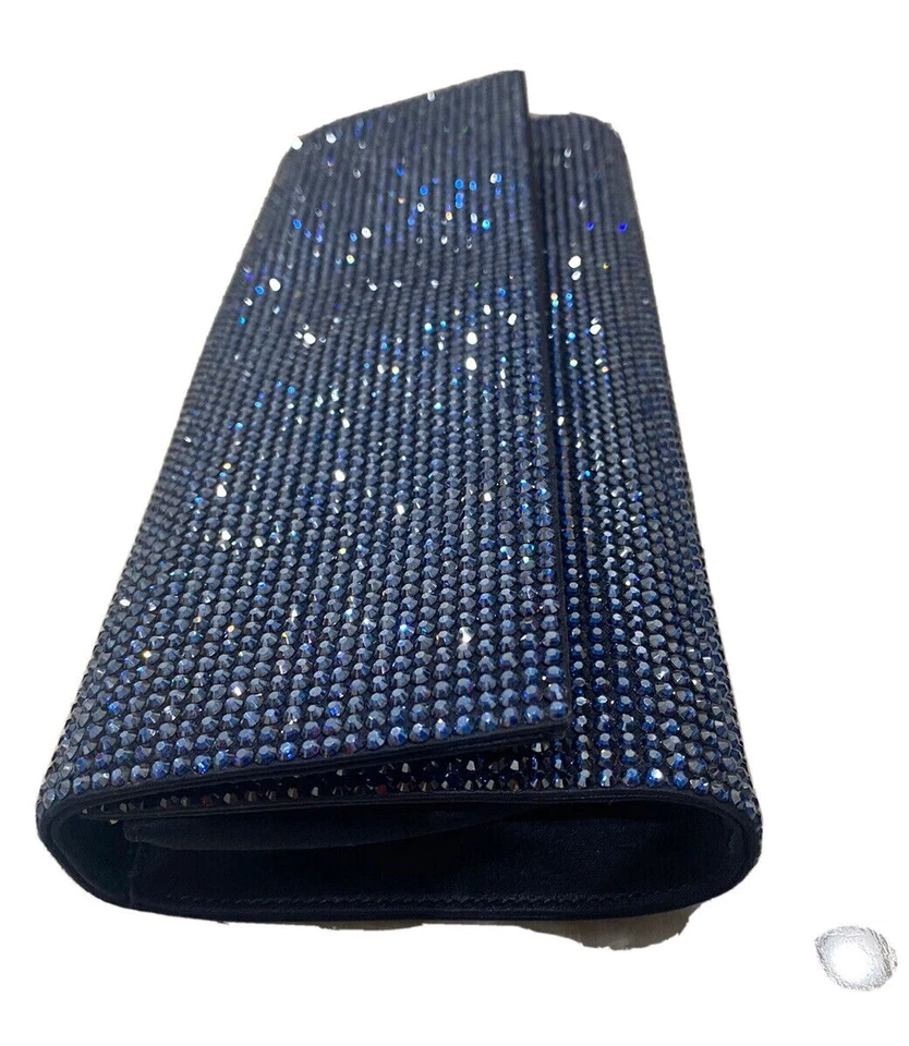 Judith Leiber Crystal Satin Envelope Clutch Navy Blue Ritz Fizz New - Image 2 of 4