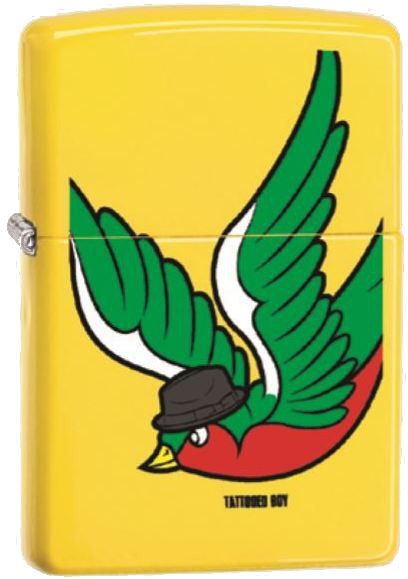 Zippo Tattooed Boy Artist, El Pajaro Sparrow Lemon Matte Lighter NEW RARE