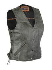 Women's Distressed Gray Classic Style Leather Motorcycle Conceal Carry Vest NEW