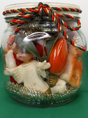 VINTAGE Christmas Jar of Tiny Treasures Ornaments Decor - Santas, Angels (J3)Etc